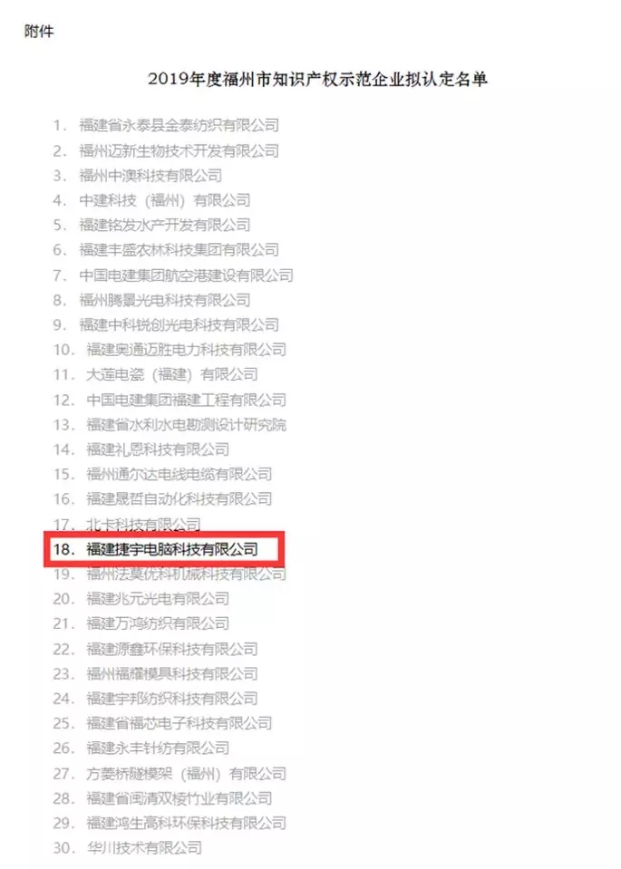 捷宇科技被認(rèn)定為福州市知識產(chǎn)權(quán)示范企業(yè)